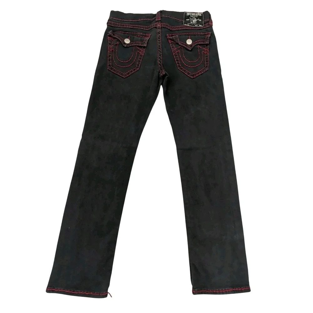 True Religion Ricky Super T Flap Pockets Black Thick Red Stitch Mens Size 34x32